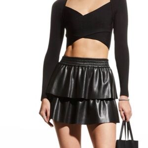 Alice + Olivia Black Layered Faux Leather Women's Skirt